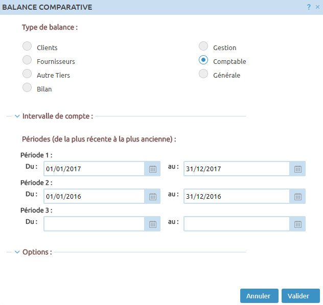 Fenêtre de lancement de la Balance Comparative