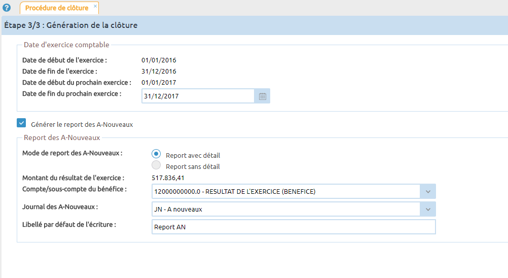 Procédure de clôture comptable – Etape 3 : Génération de la clôture de l’exercice