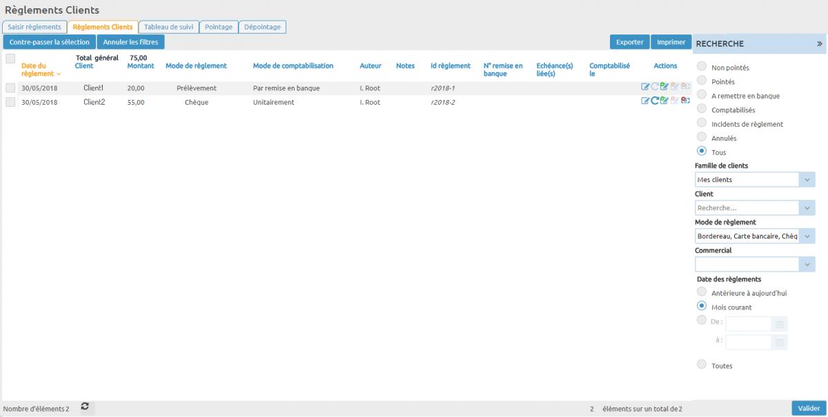 Interface de gestion des règlements - Contre-passer la sélection