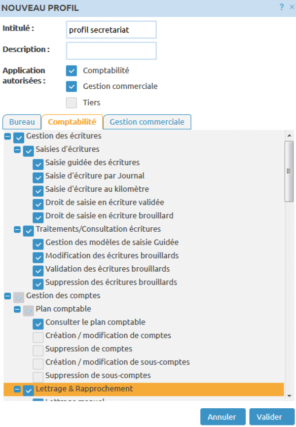 Gestion des droits utilisateurs - Paramétrage des profils