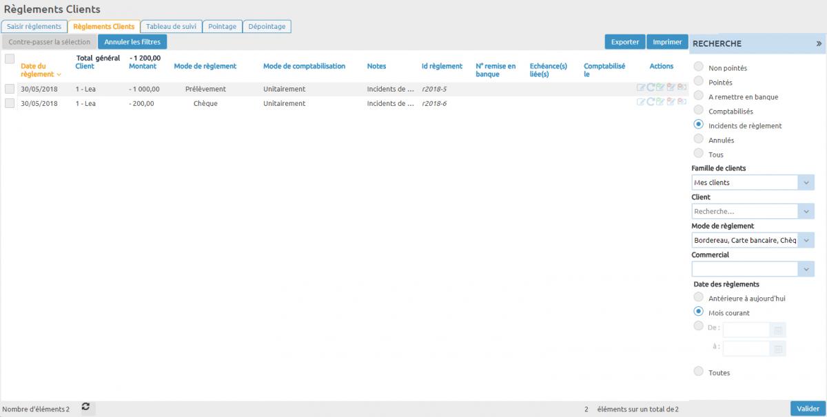 Interface de gestion des règlements avec filtrage sur les incidents