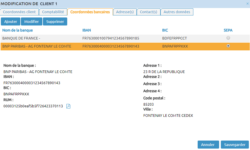 Interface de modification des coordonnées bancaires du client.