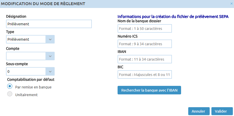 Renseignement du numéro ICS dans l’interface de modification du mode de règlement